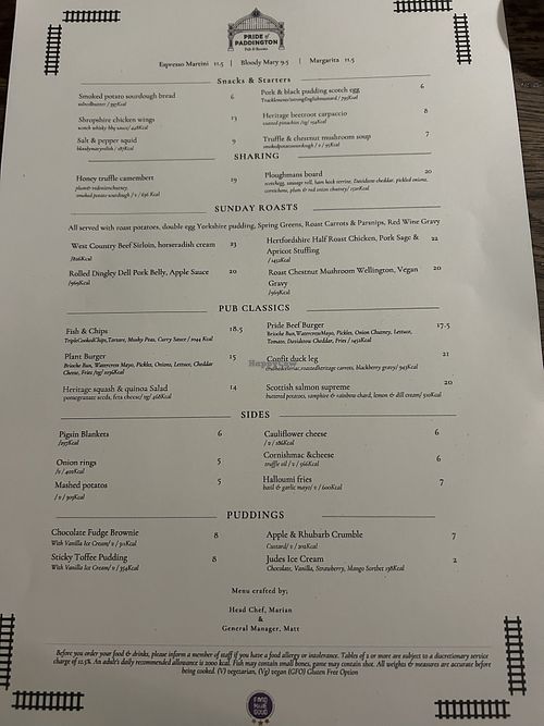 Menu  at The Pride Of Paddington in West London