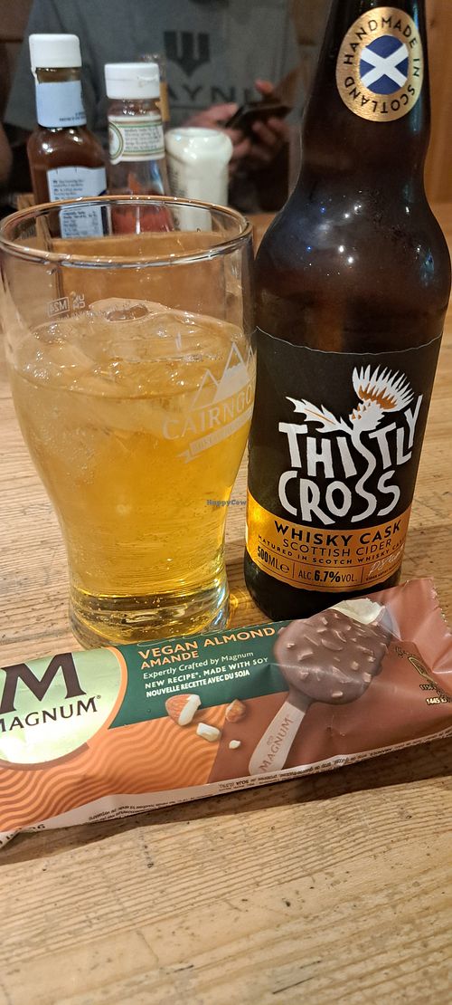 Whisky cider and vegan magnum at The Pine Marten Bar in Aviemore