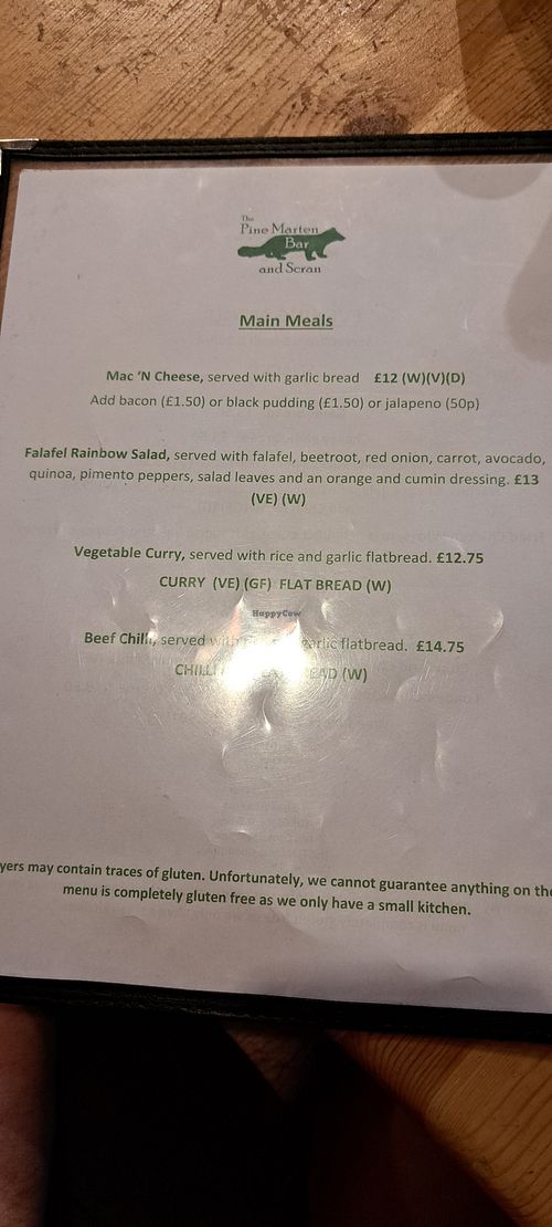 Main meal menu at The Pine Marten Bar in Aviemore