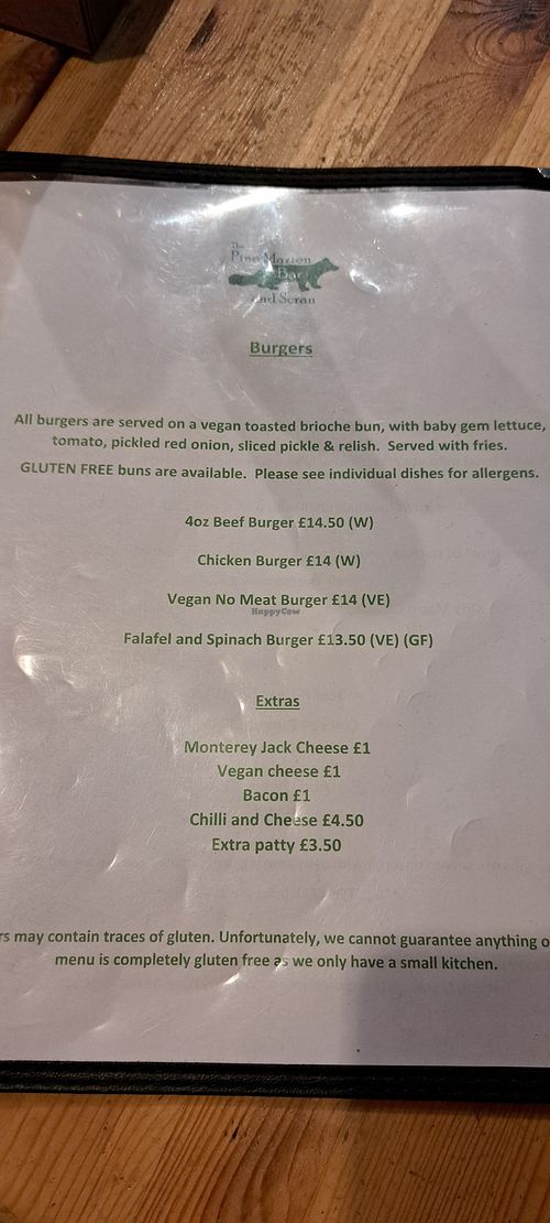 Burger menu at The Pine Marten Bar in Aviemore