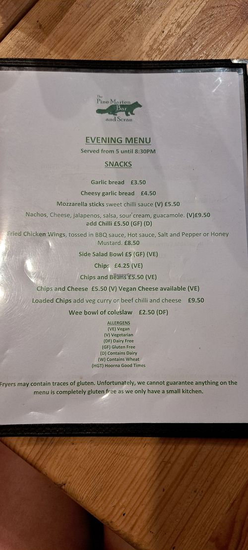 Evening menu at The Pine Marten Bar in Aviemore