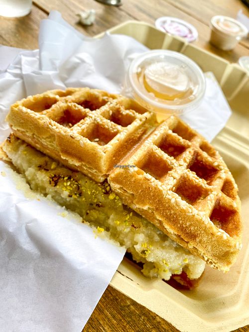 Sesame crusted knefeh sweet cheese waffle sandwich with rosewater syrup and crushed pistachios at Manoushee in Santa Clarita