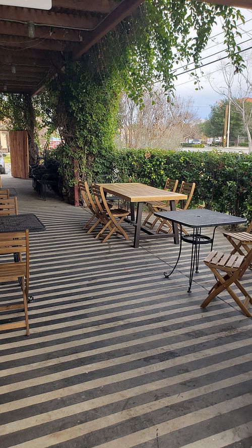 Our door dining at night it is pretty with lights at Manoushee in Santa Clarita