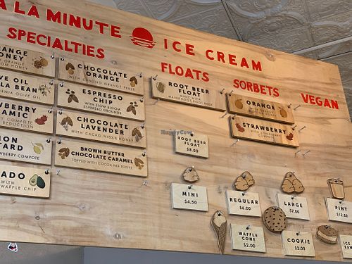 Unfortunately, as of 12/2024, due to supply issues the only Vegan treats are the Sorbets.  (The Orange sorbet lists Orange Blossom Honey which is the topping that can be withheld) at À La Minute in Redlands