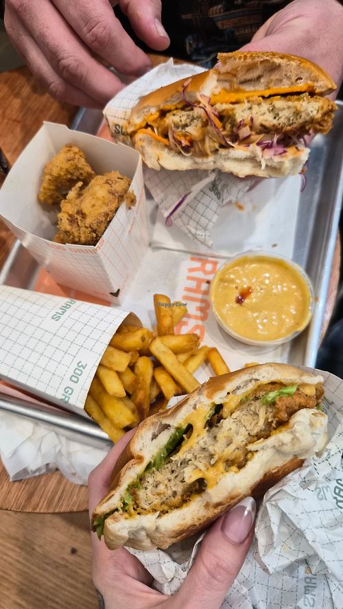 Vegan chicken burgers, chips, cauliflower and vegan sauce at 300 Grams in Richmond