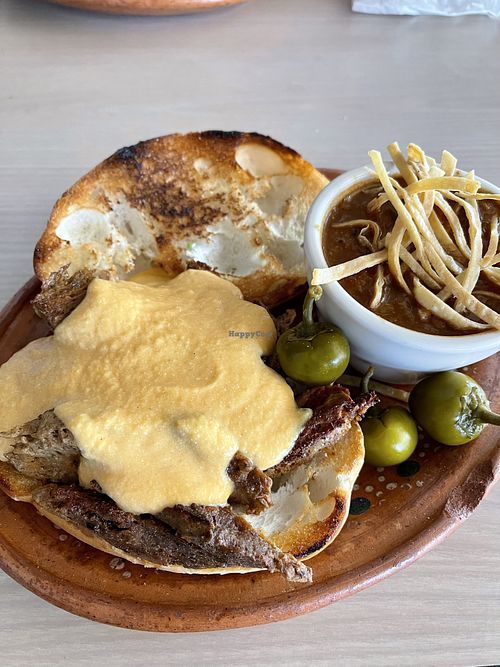Filly cheezesteak sandwich with lentil soup   at Senor Veggie in San Antonio