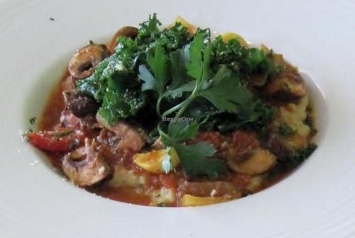 Rustic Italian Polenta. Creamed Polenta. Sauteed greens. Mushroom ragout at Senor Veggie in San Antonio