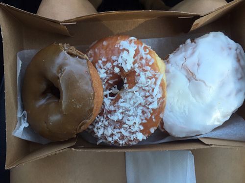 maple, glaze w coco shreds & jelly filled at The Donuttery in Huntington Beach