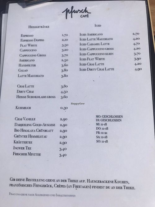 Menu at Café Pfusch in Leipzig