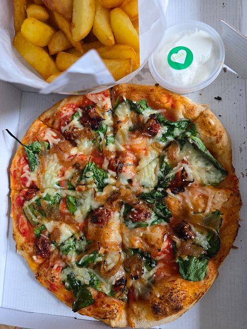 Popeye pizza, veganised, with chips. Delicious. at Dough. in Troon