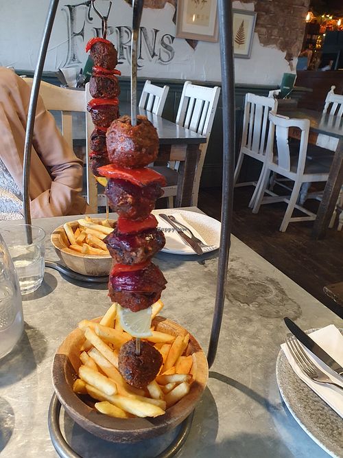 Vegan Kofta Kebab marinated in Middle Eastern spices, coated in harissa jam with garlic oil at The Botanist in Alderley Edge