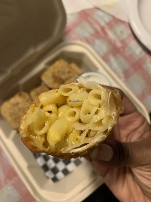 Inside Mac and cheese egg roll   at Golene's Vegan Kitchen in Murrieta