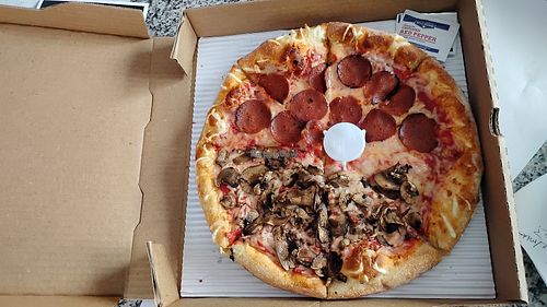 "non-dairy cheese, half plant based pepperoni and half mushrooms" at Johnny Z's Pizzeria in Mount Clemens
