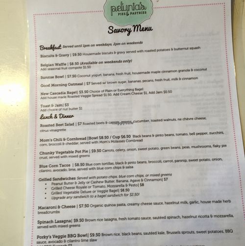 Savory Menu at Petunia's Pies and Pastries in Portland