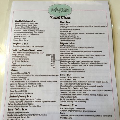Sweet Menu at Petunia's Pies and Pastries in Portland
