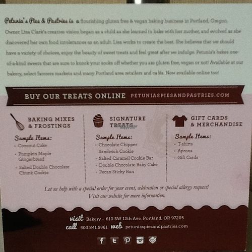 Petunias info card, back at Petunia's Pies and Pastries in Portland