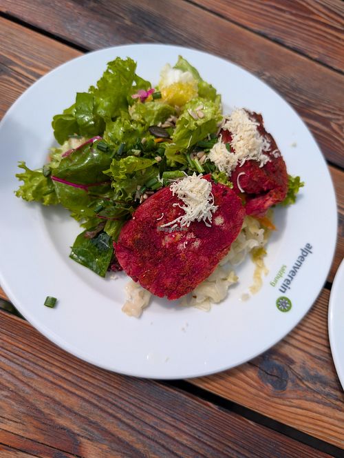 Red beet dumplings with salad at Dr Heinrich Hackelhütte in Werfenweng
