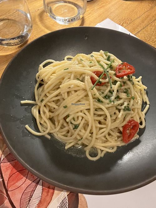 Aglio e olio spaghetti   at Nymfi Restaurant in Crete