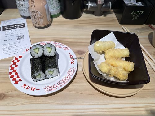 Cucumber sushi (vegan) and mozzarella tempura (not vegan)  at Sushiro in Tokyo