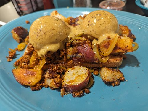 Vegan diablo benedict with vegan chorizo at House of Benny's in Poland