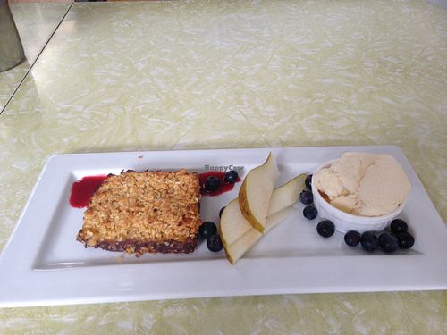 warm apricot slice with chocolate crust and vegan ice cream  at East St Cafe and Bar in Nelson