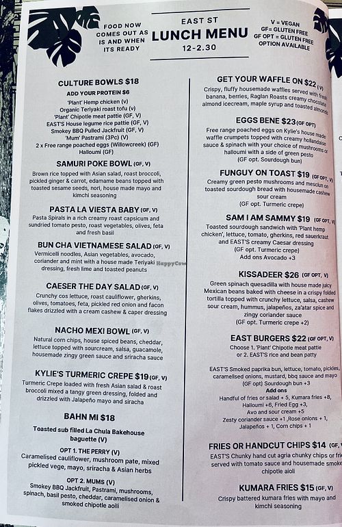 Lunch menu  at East St Cafe and Bar in Nelson