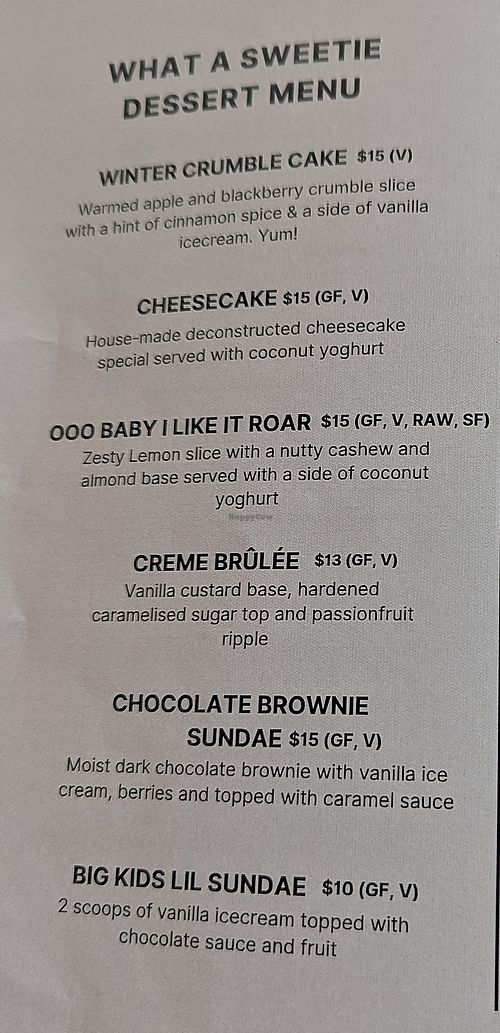 Dessert menu (July 2025) at East St Cafe and Bar in Nelson