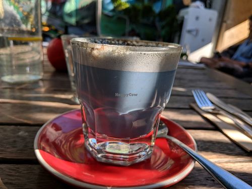 Papa Smurf latte (blue latte) at East St Cafe and Bar in Nelson