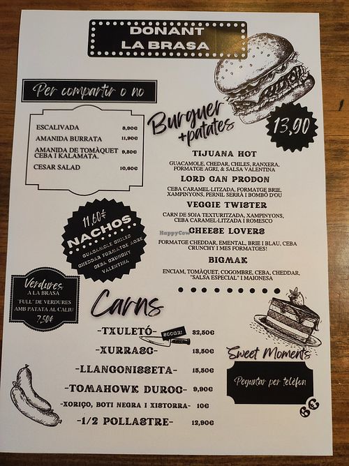 Menu with veg options at Can Prodon Braseria in Camprodon