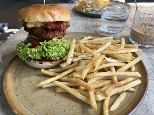 Vegan burger with friesd  at The General Eatery & Supplies in Dulwich Hill