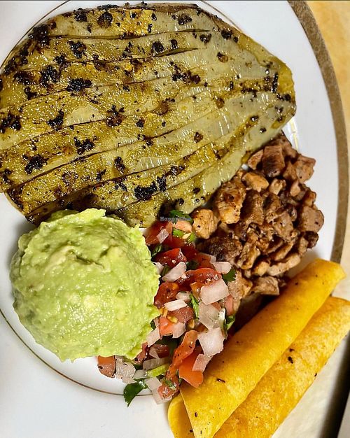 Nopal Plate! A cactus leaf grilled & seasoned with Vegan Alien’s Carne Asada, Pico, Mashed Avocado & Tortillas with a salsa.  at Vegan Alien - Pop Up in San Jose