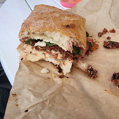 Not a great picture, but a great sandwich- my toddler had started tearing in before I took a picture! Crunchy pickled veggie muffuletta at BoardWalk Bakery in Orlando