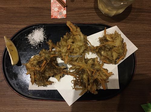 Mozuku seaweed tempura (Okinawan dish)  at Hokusai in Fukuoka