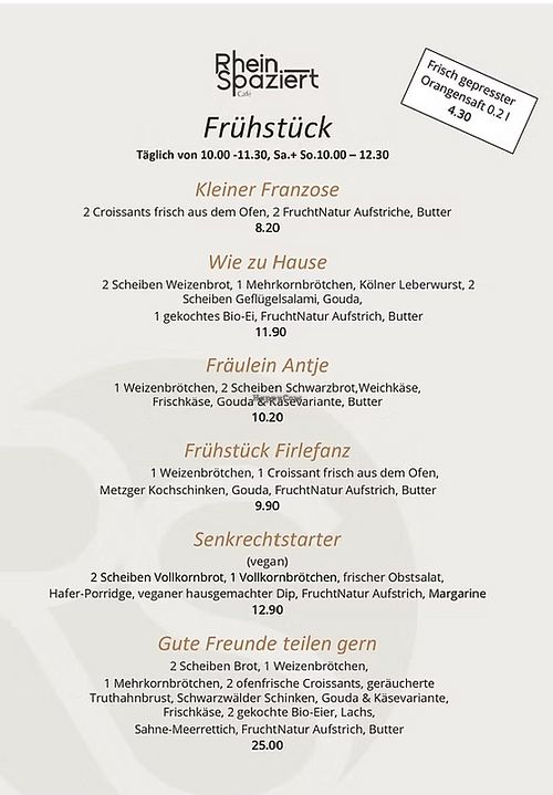 Breakfast menu at RheinSpaziert in Cologne