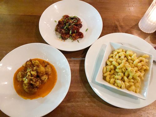 Coconut tofu bites,bbq ‘chicken’ bites and vegan Mac and cheese at Busboys and Poets - Shirlington in Arlington