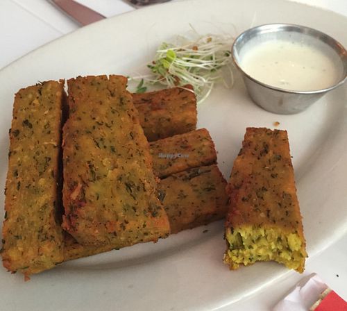 Chickpea fries with cream sauce at Peacefood Cafe - Downtown in New York City