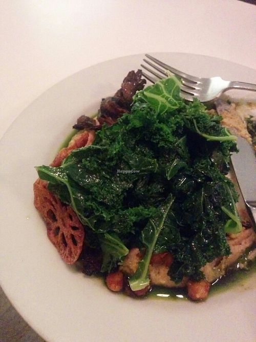 Grilled mushrooms,  lotus crisp, kale,  parsnip puree,  chickpeas,  delicious!  at Peacefood Cafe - Downtown in New York City