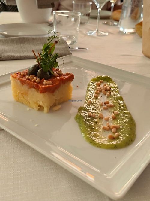 Sformato di patate con pesto di pomodoro e fiore di cappero at Cascina dei Filagni in Grumello Del Monte