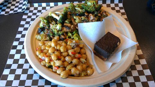 broccoli and mushroom entree with curried chickpea and carob cheesecake at Raw Food Express in Las Vegas