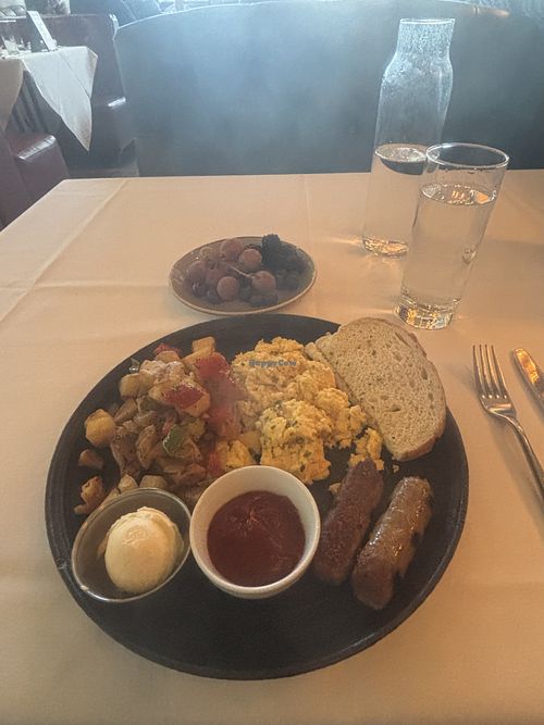 Scrambled egg and sausage weekend brunch   at Crossroads Kitchen in Los Angeles