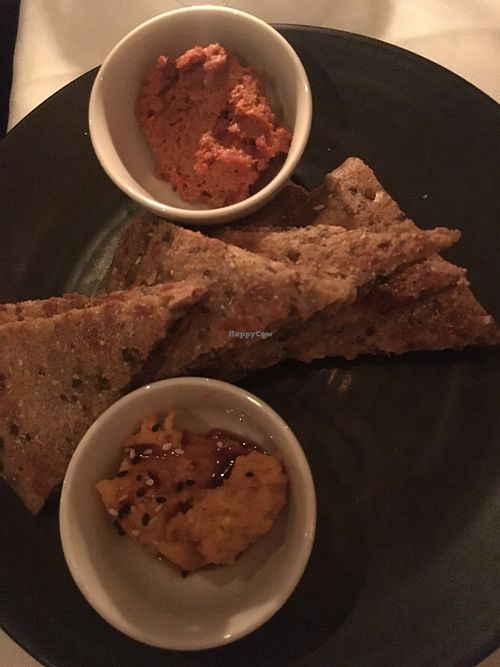 Lentil flatbread with spreads at Crossroads Kitchen in Los Angeles