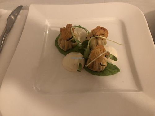 Dumplings with pea sauce and lime mayo  at Ravintola Brahe in Hameenlinna