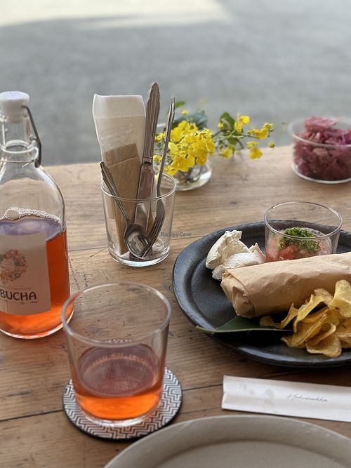 Vegan burrito, homemade vegan sour cream and salsaa  at Hakumokka in Onna