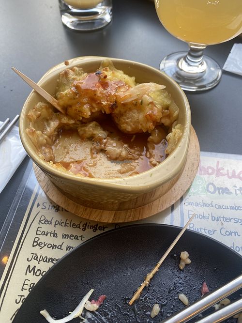 Amazing 5/5 takoyaki vegan cheese covered   at Shinsekai Paprika Shokudo Vegan in Osaka
