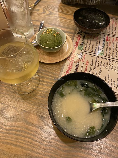 Miso soup was okay 2/5 kinda has a fishy smell  at Shinsekai Paprika Shokudo Vegan in Osaka