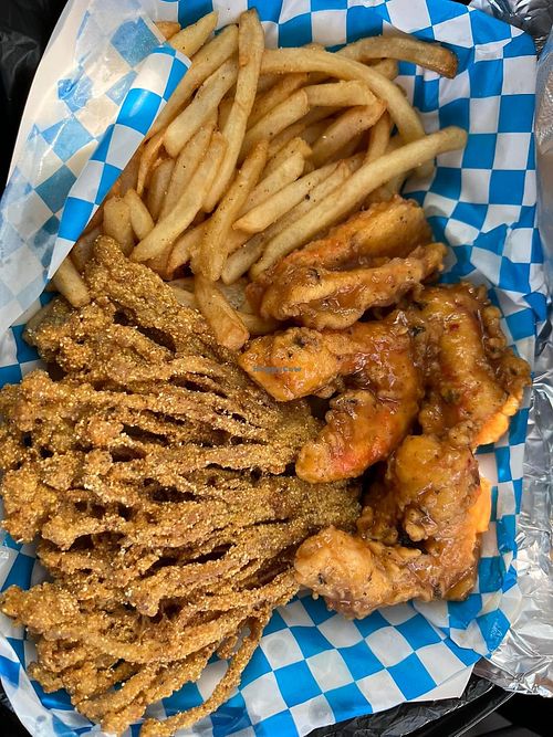 Vegan fried fysh & skrimps with fries  at Taste Of Vegan Soul in Charlotte