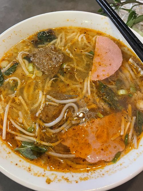 vegan classic vietnamese spicy noodle soup with faux ham and faux beef in a mushroom broth. there was a good amount of faux meats underneath the noodles that you can’t see in thi at Pho Metro in Markham