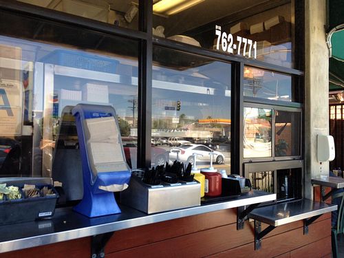 condiments area at Hugo's Tacos in Studio City