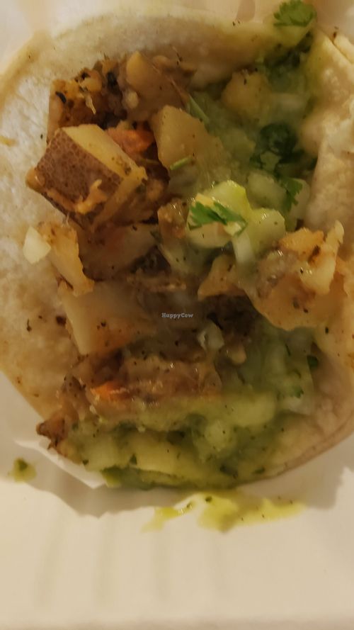 Potato soft taco with Avocado salsa -it is spicy at Hugo's Tacos in Studio City