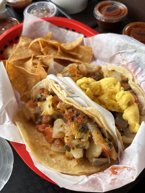 Potato tacos, one with Just Egg!   at Hugo's Tacos - Atwater Village in Los Angeles